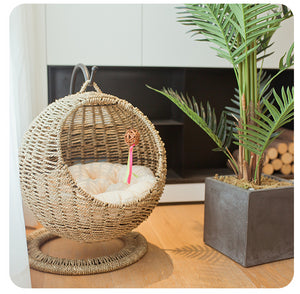 Handmade Woven Hanging Round Cat Rattan with Soft Cushion - GMD Boutique