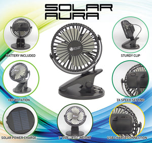 Solar Aura - Clip on Rechargeable Mini Desk and Stroller Solar Fan - GMD Boutique